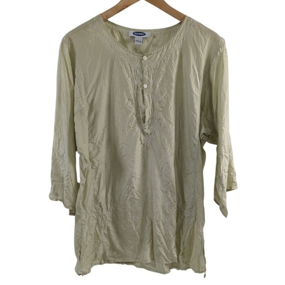 Old Navy Womens 100% Silk Embroidered Tunic Blouse Sz L Lime Green Indian Boho